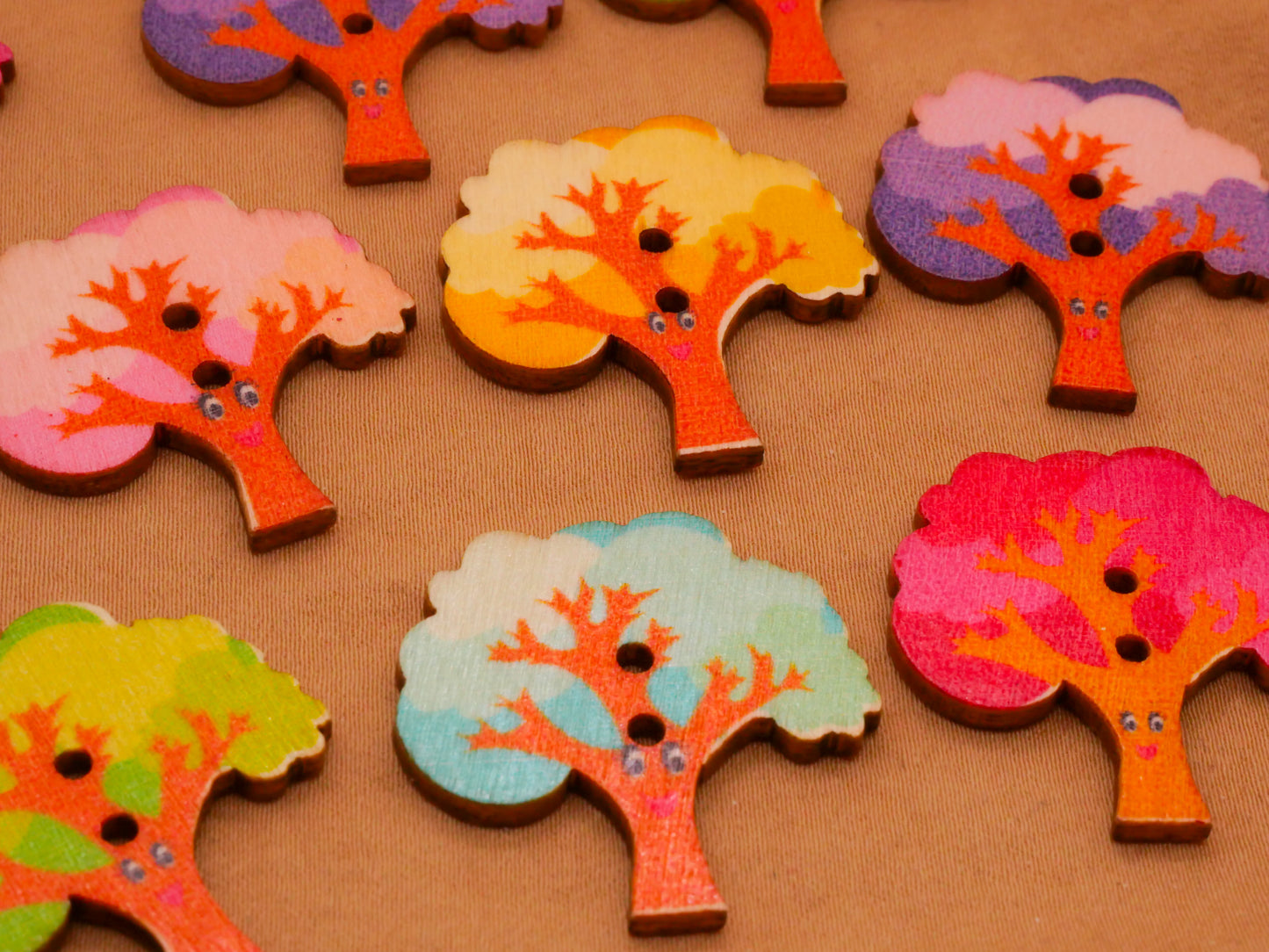 Tree Colorful Fall Wood Assorted Set of Ten Buttons 28mm