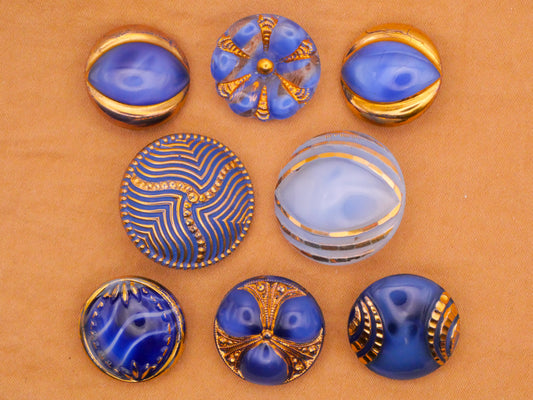 Blue Gold Moonglow Digdug Vintage Glass Button Various 18-23mm