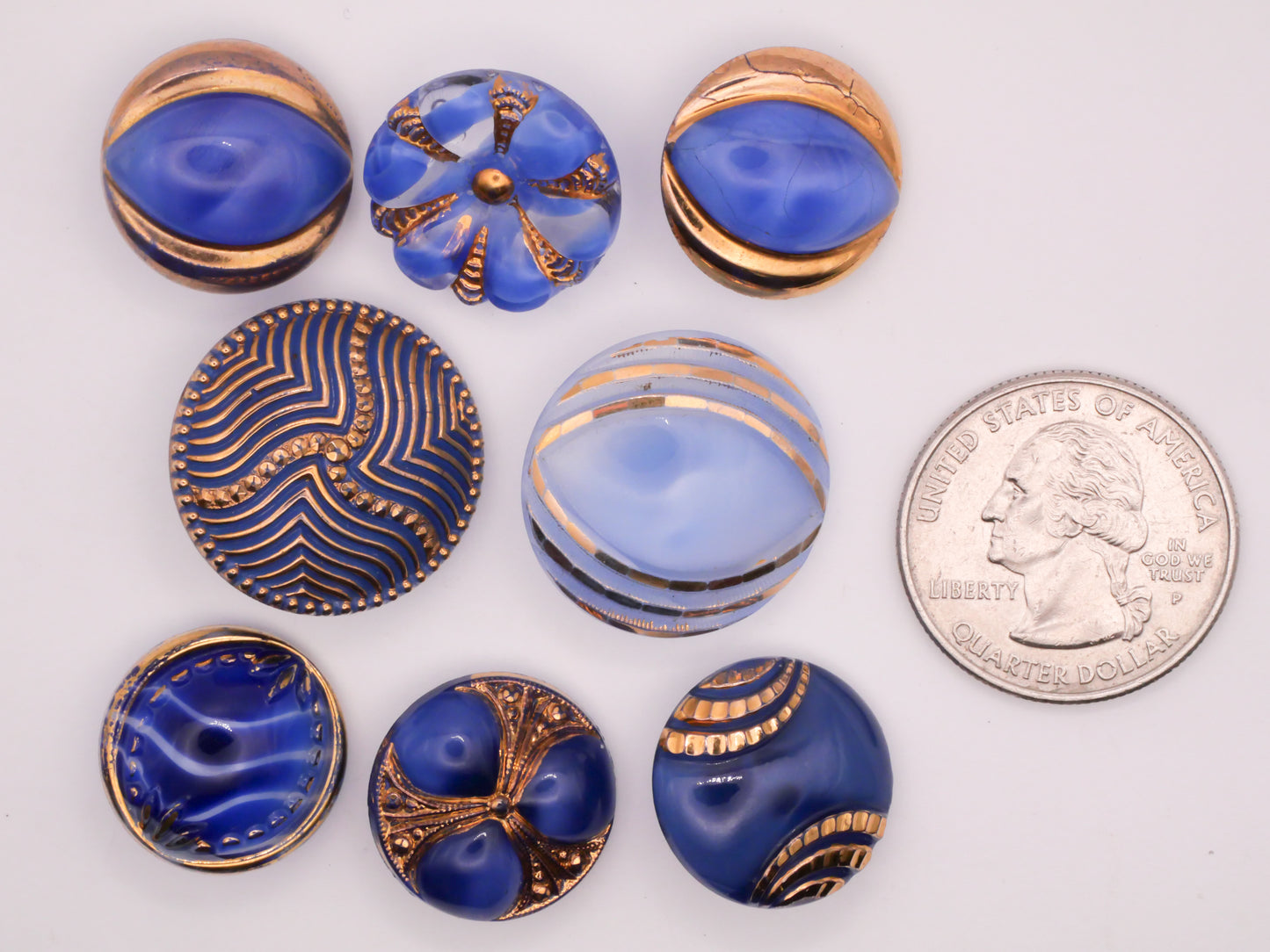 Blue Gold Moonglow Digdug Vintage Glass Button Various 18-23mm