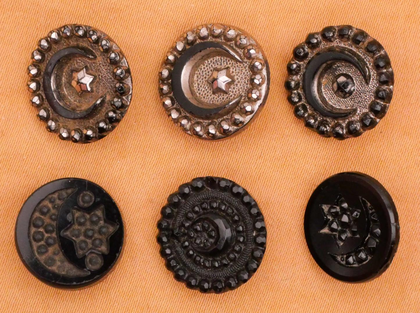 Crescent Moon Star Antique Black Glass Button Various 14-15mm