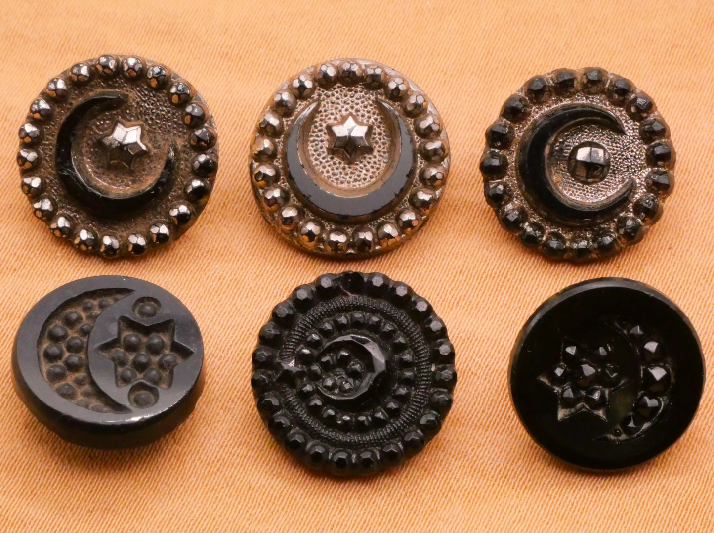 Crescent Moon Star Antique Black Glass Button Various 14-15mm