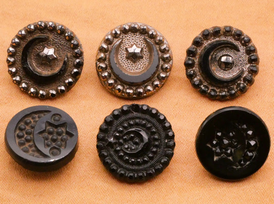 Crescent Moon Star Antique Black Glass Button Various 14-15mm