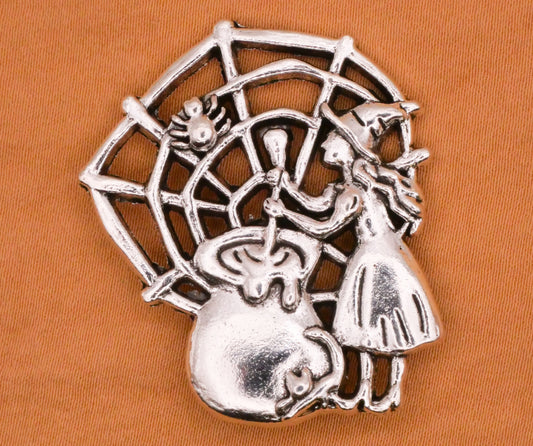 Witch Cauldron Spider Web Large Silver Metal Button 33x38mm