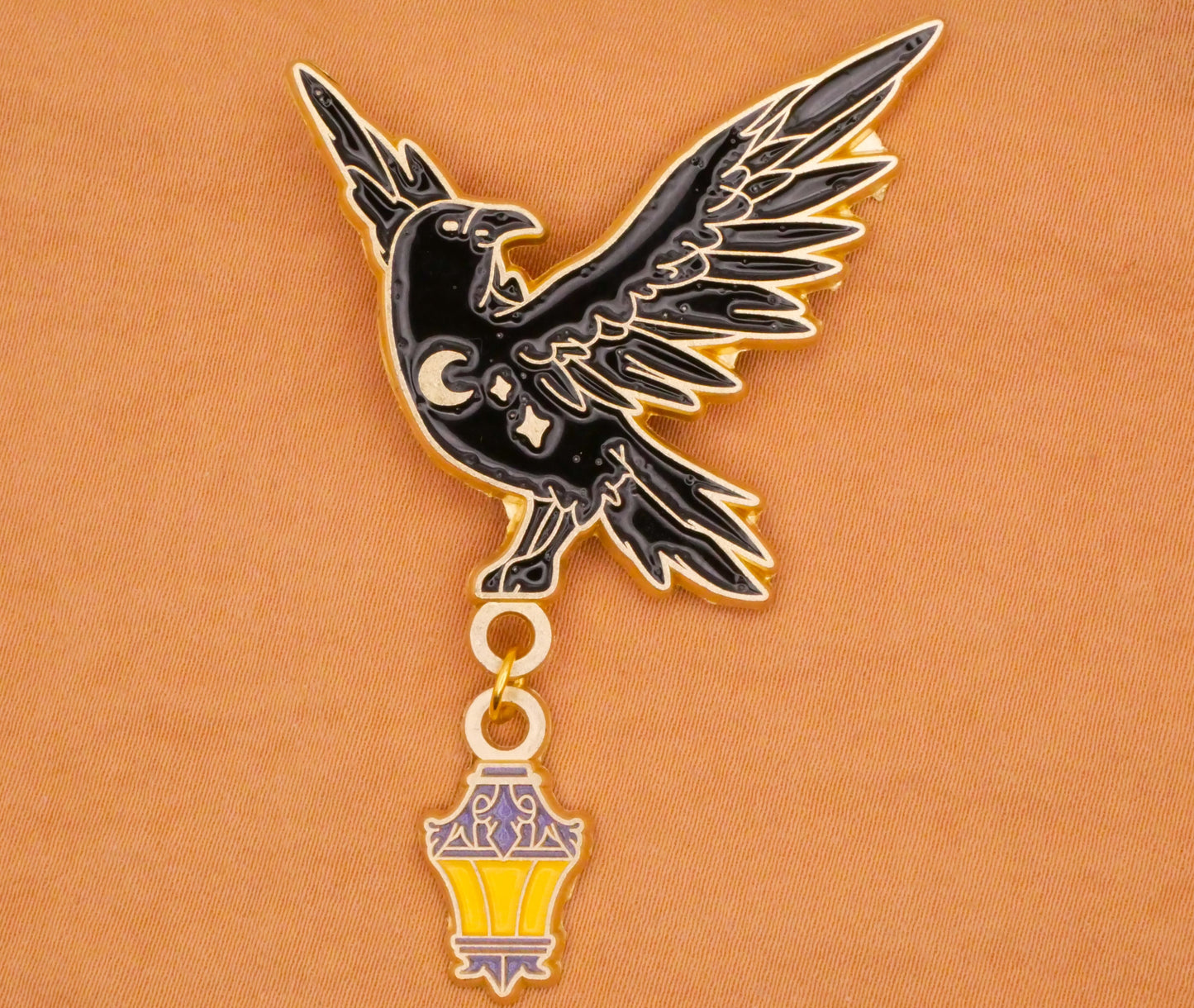 Crow Raven Bird Lantern Moon Moveable Large Enamel Metal Button 41x63mm