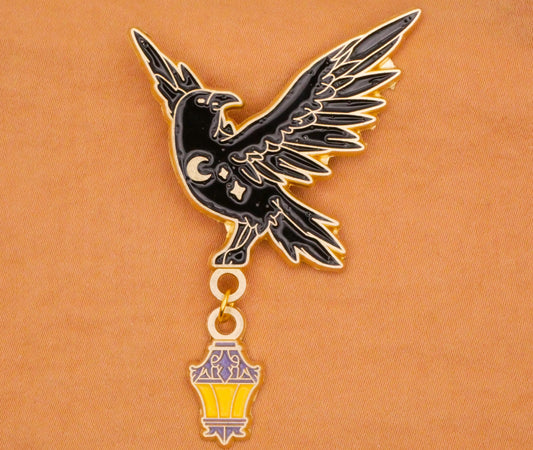 Crow Raven Bird Lantern Moon Moveable Large Enamel Metal Button 41x63mm