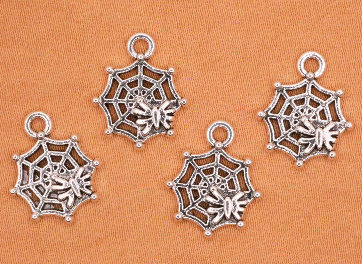 Spider and Web Silver Metal Set of Four Charms 14x17mm
