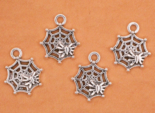 Spider and Web Silver Metal Set of Four Charms 14x17mm