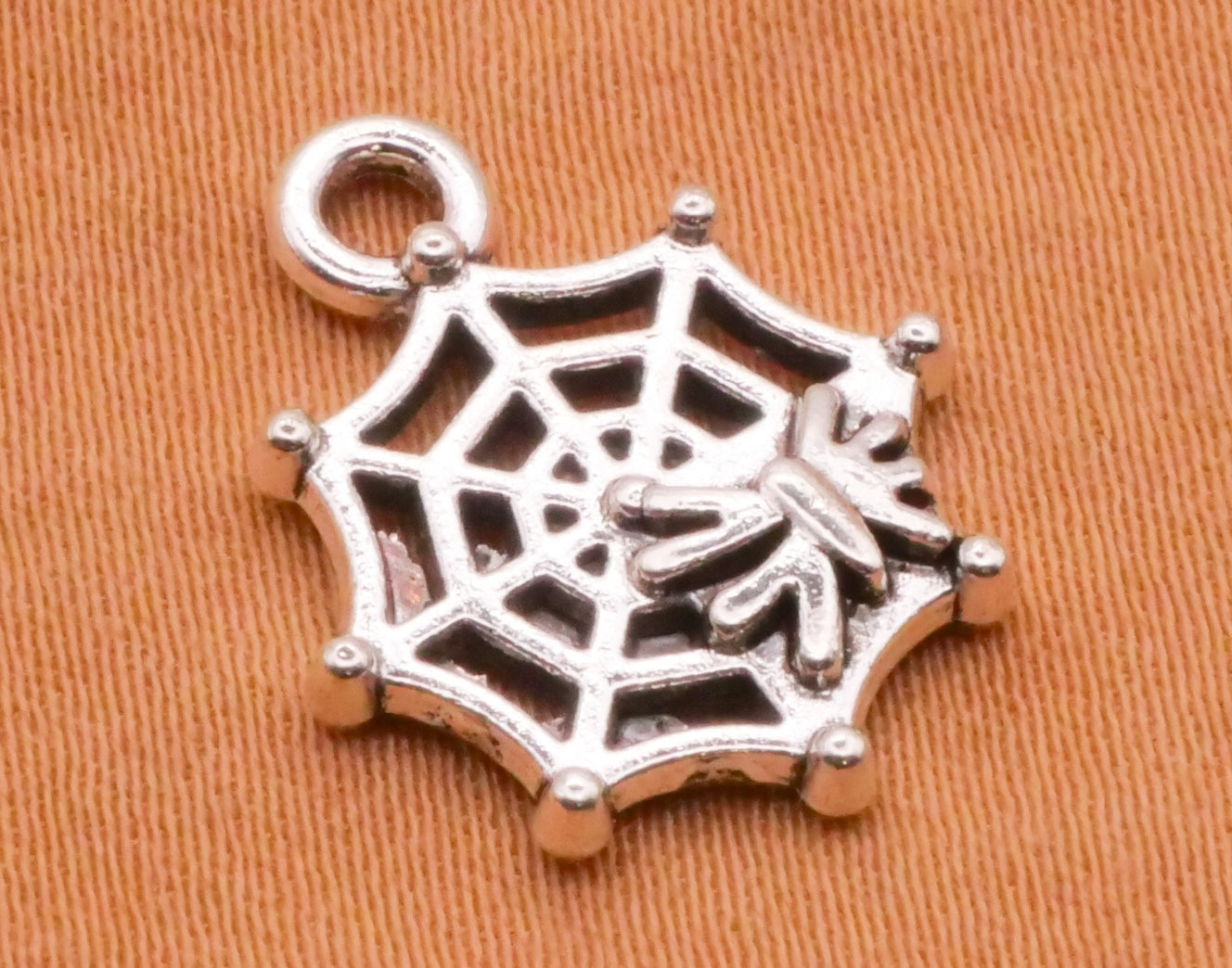 Spider and Web Silver Metal Set of Four Charms 14x17mm