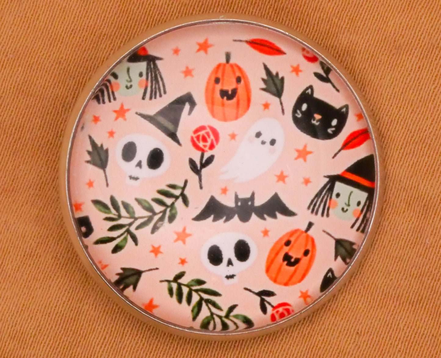 Halloween Pattern Witch Bat Skeleton Glass Dome Silver Metal Button 27mm