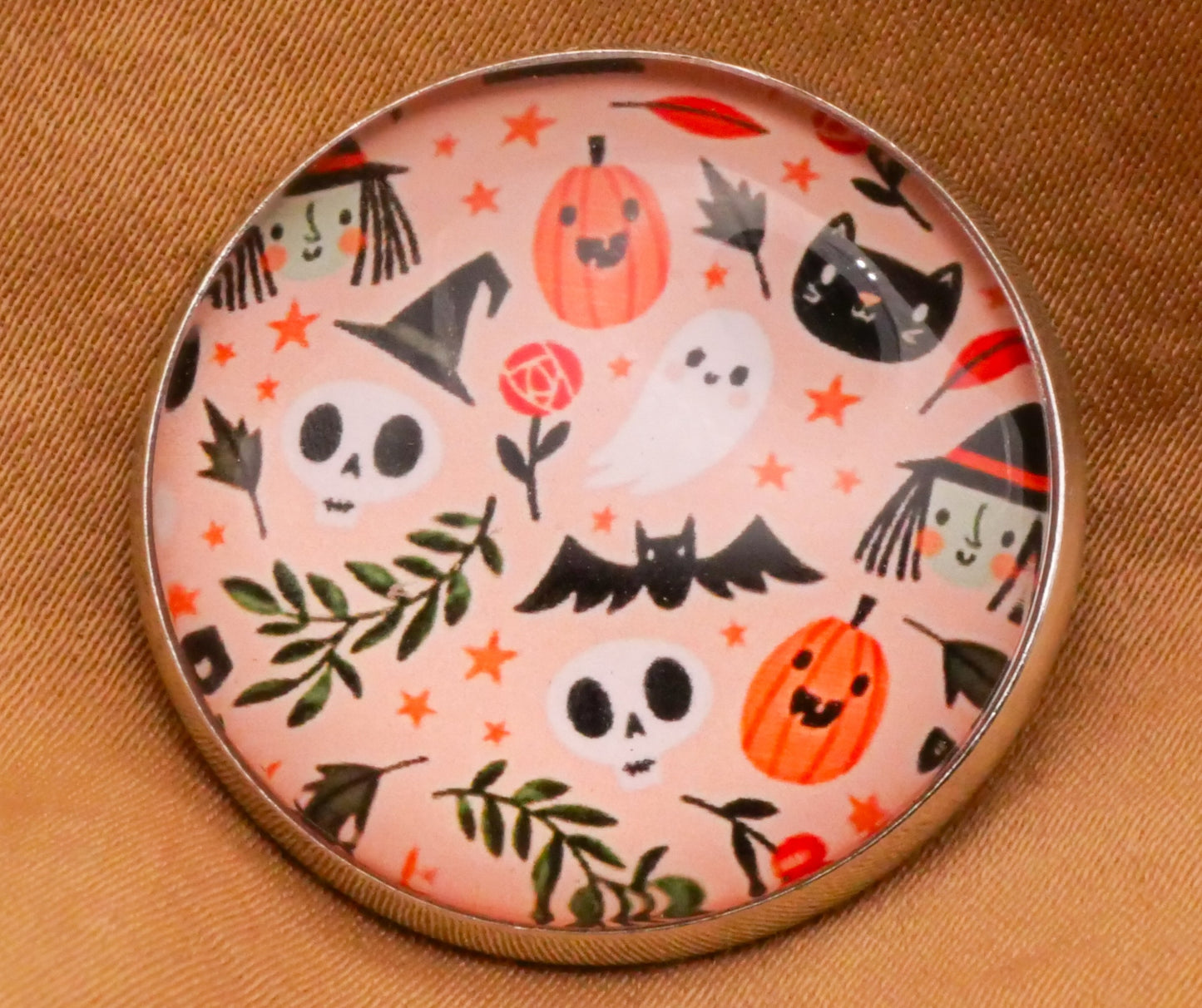 Halloween Pattern Witch Bat Skeleton Glass Dome Silver Metal Button 27mm