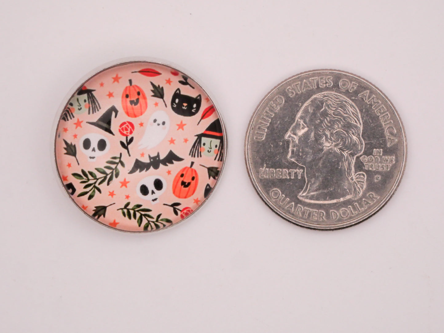 Halloween Pattern Witch Bat Skeleton Glass Dome Silver Metal Button 27mm