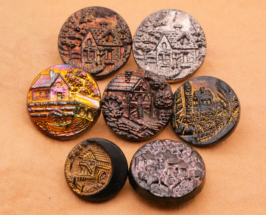 Cottage Farm Landscape Picture Button Luster Black Glass Button Various 15-19mm