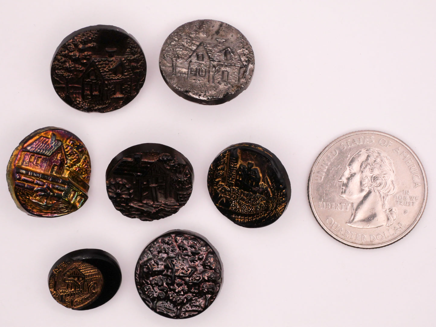 Cottage Farm Landscape Picture Button Luster Black Glass Button Various 15-19mm
