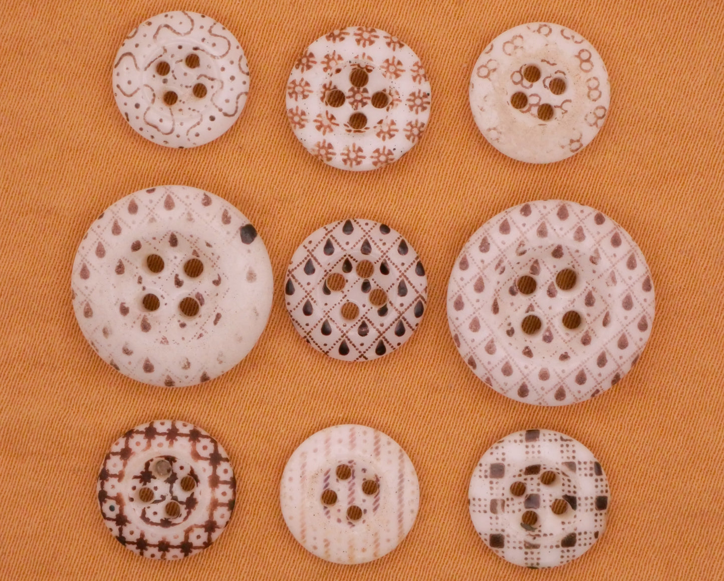 Calico China Glass Brown Pattern Antique Button Various 11-16mm