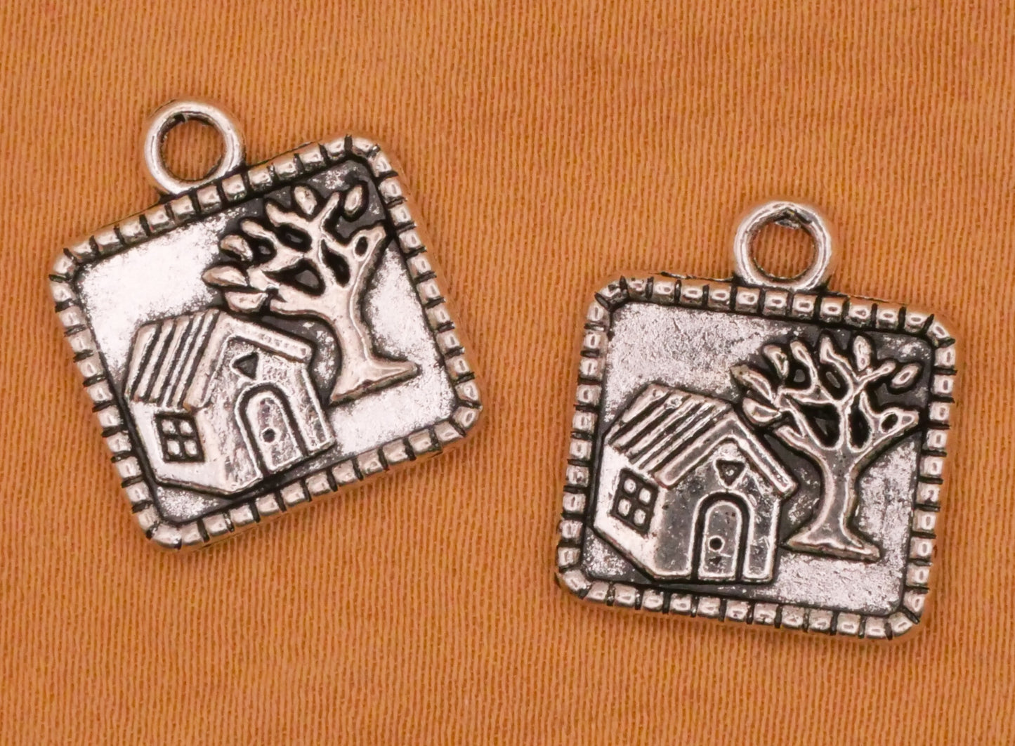 Cottage Home Tree Silver Metal Pair of Charms Embellishments 14x16mm