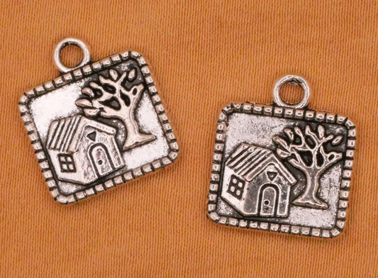 Cottage Home Tree Silver Metal Pair of Charms Embellishments 14x16mm