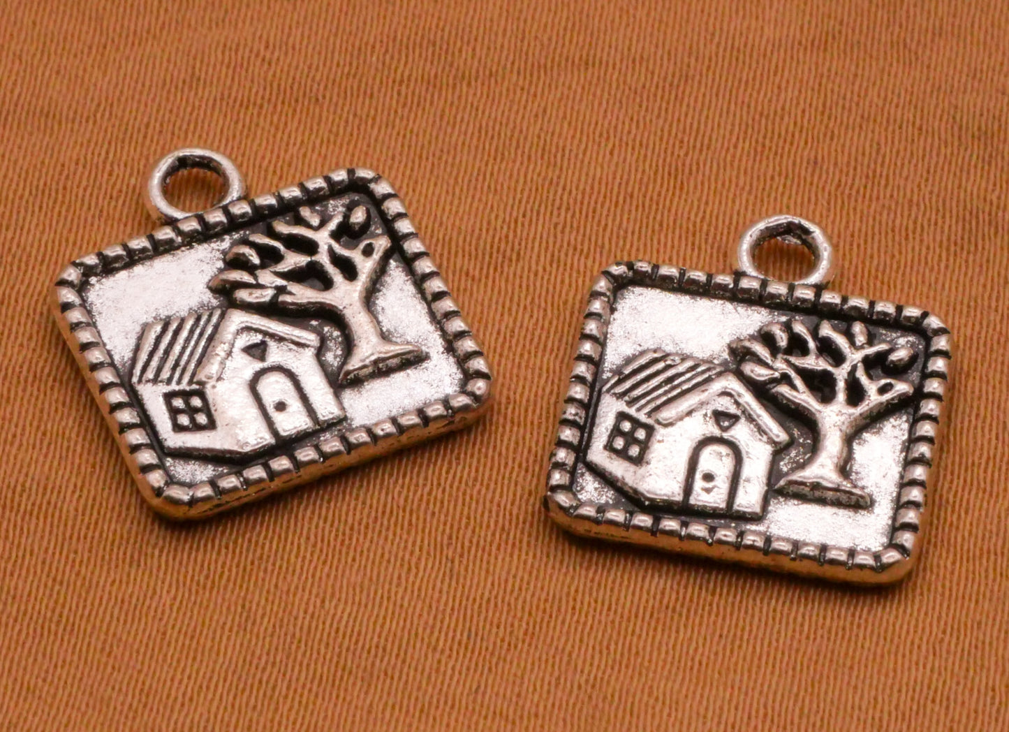 Cottage Home Tree Silver Metal Pair of Charms Embellishments 14x16mm