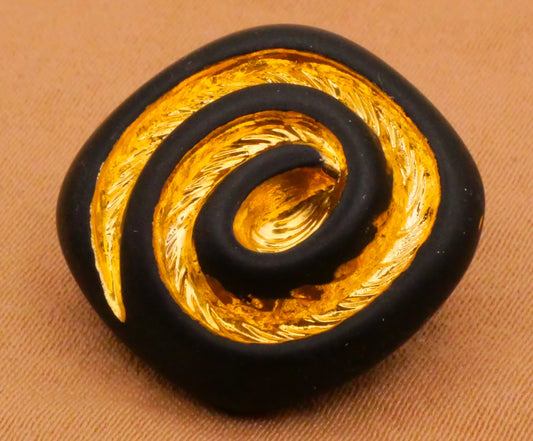 Spiral Swirl Matte Black Gold Vintage Glass Button 20mm