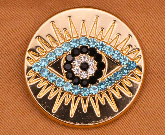 Eye Sun Rays Aqua Rhinestone Gold Metal Button 22mm