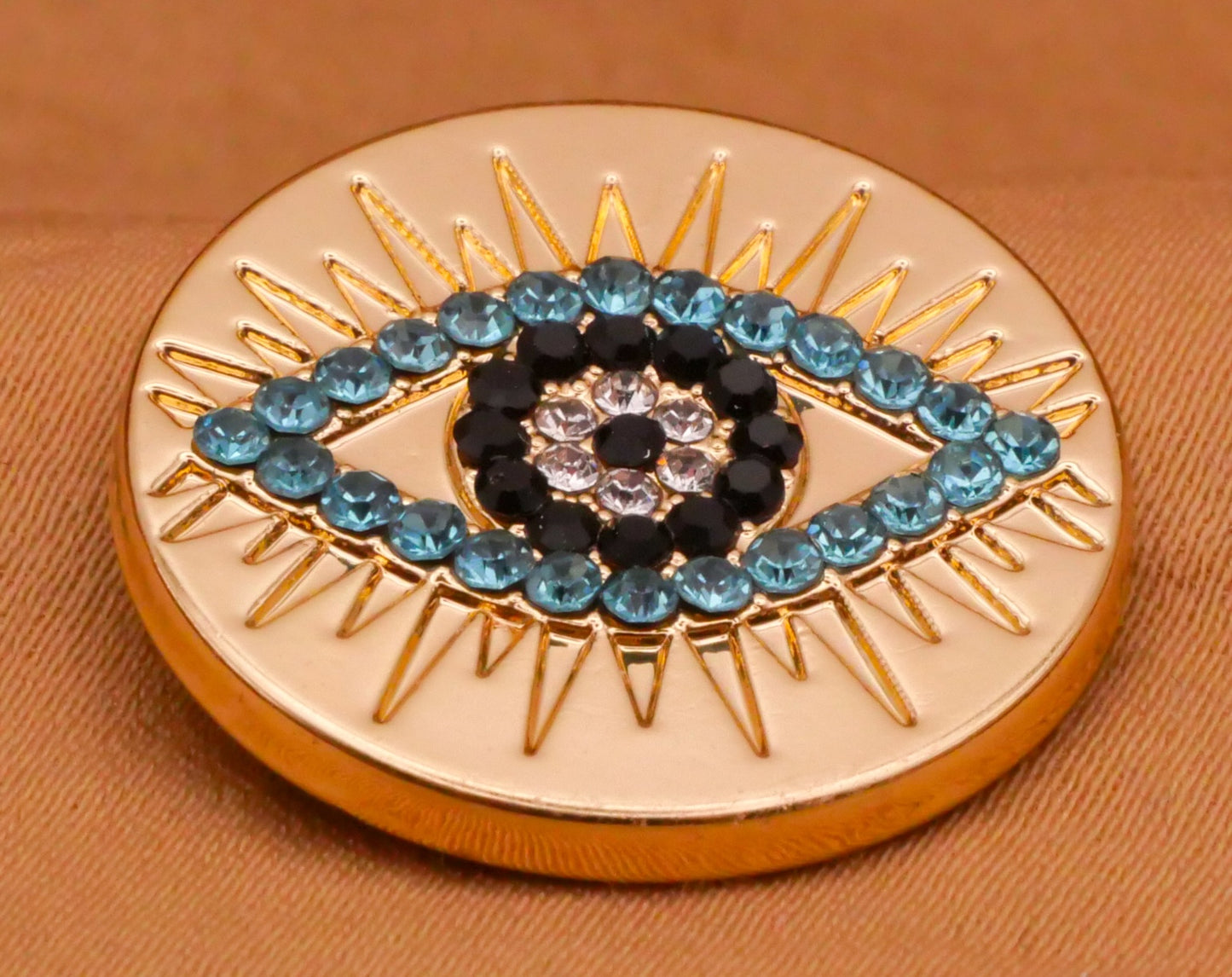 Eye Sun Rays Aqua Rhinestone Gold Metal Button 22mm