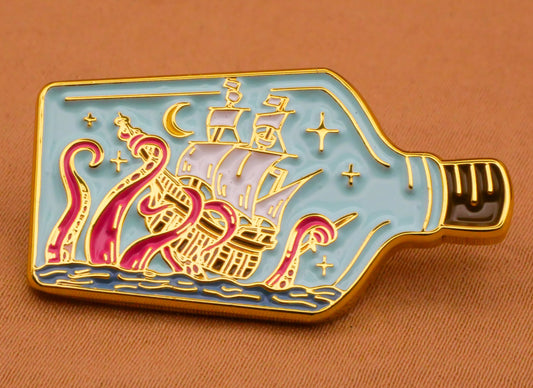 Ship in a Bottle Octopus Enamel Metal Large Button 20x36mm