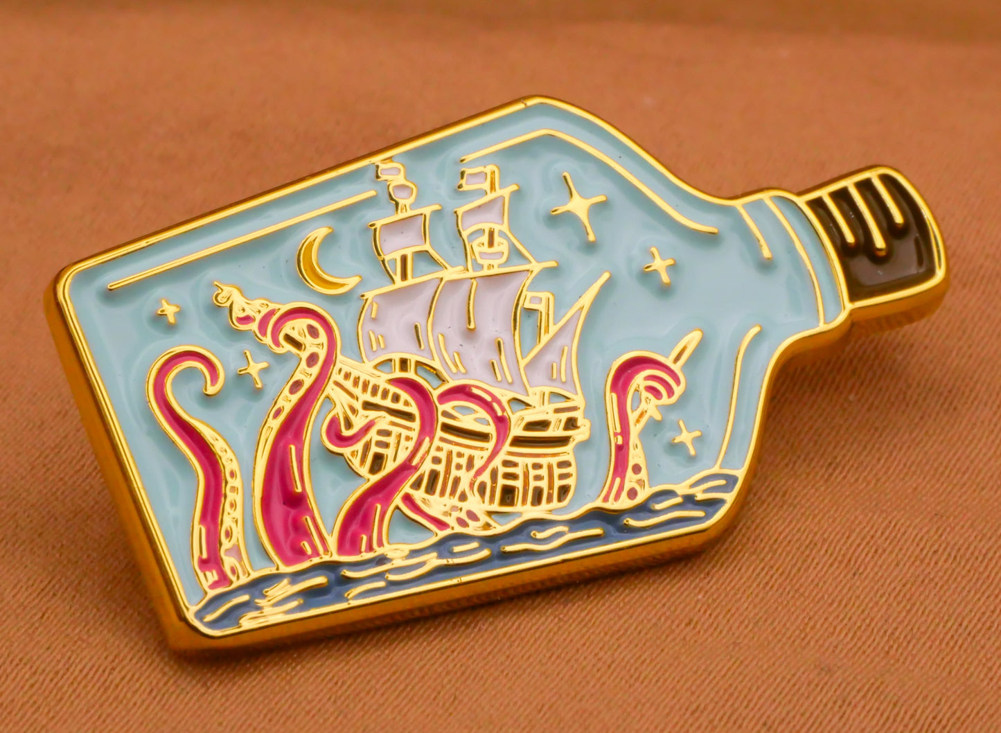 Ship in a Bottle Octopus Enamel Metal Large Button 20x36mm