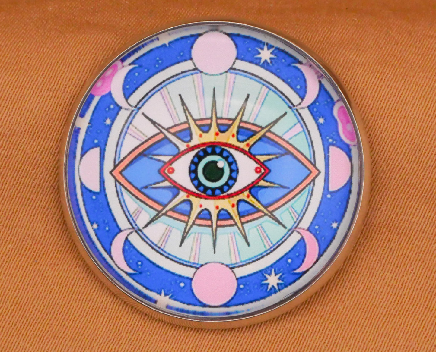 Eye Crescent Moon Glass Dome Silver Metal Button 27mm