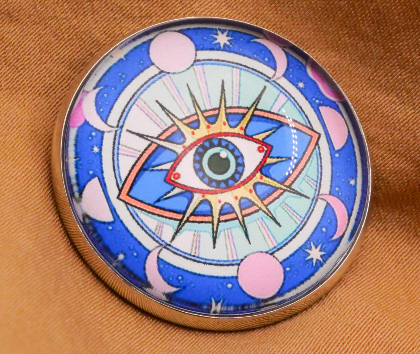 Eye Crescent Moon Glass Dome Silver Metal Button 27mm