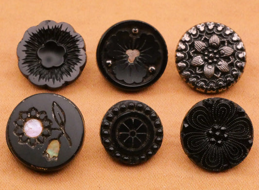 Flower Design Black Glass Button Various 12-14mm