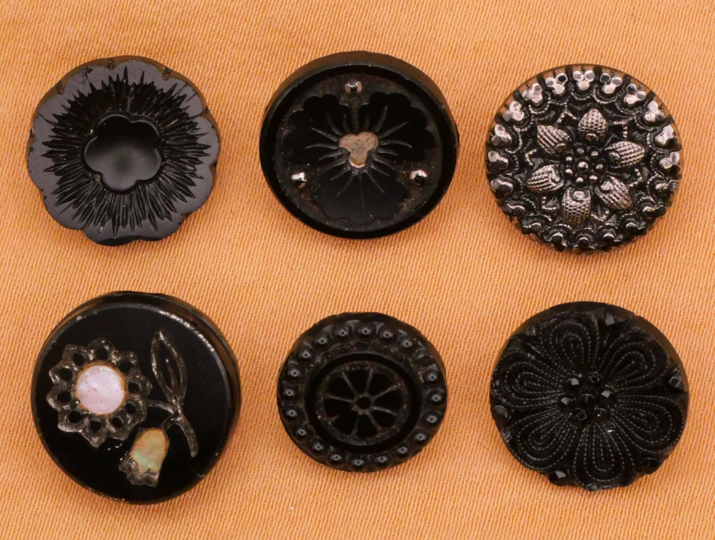 Flower Design Black Glass Button Various 12-14mm