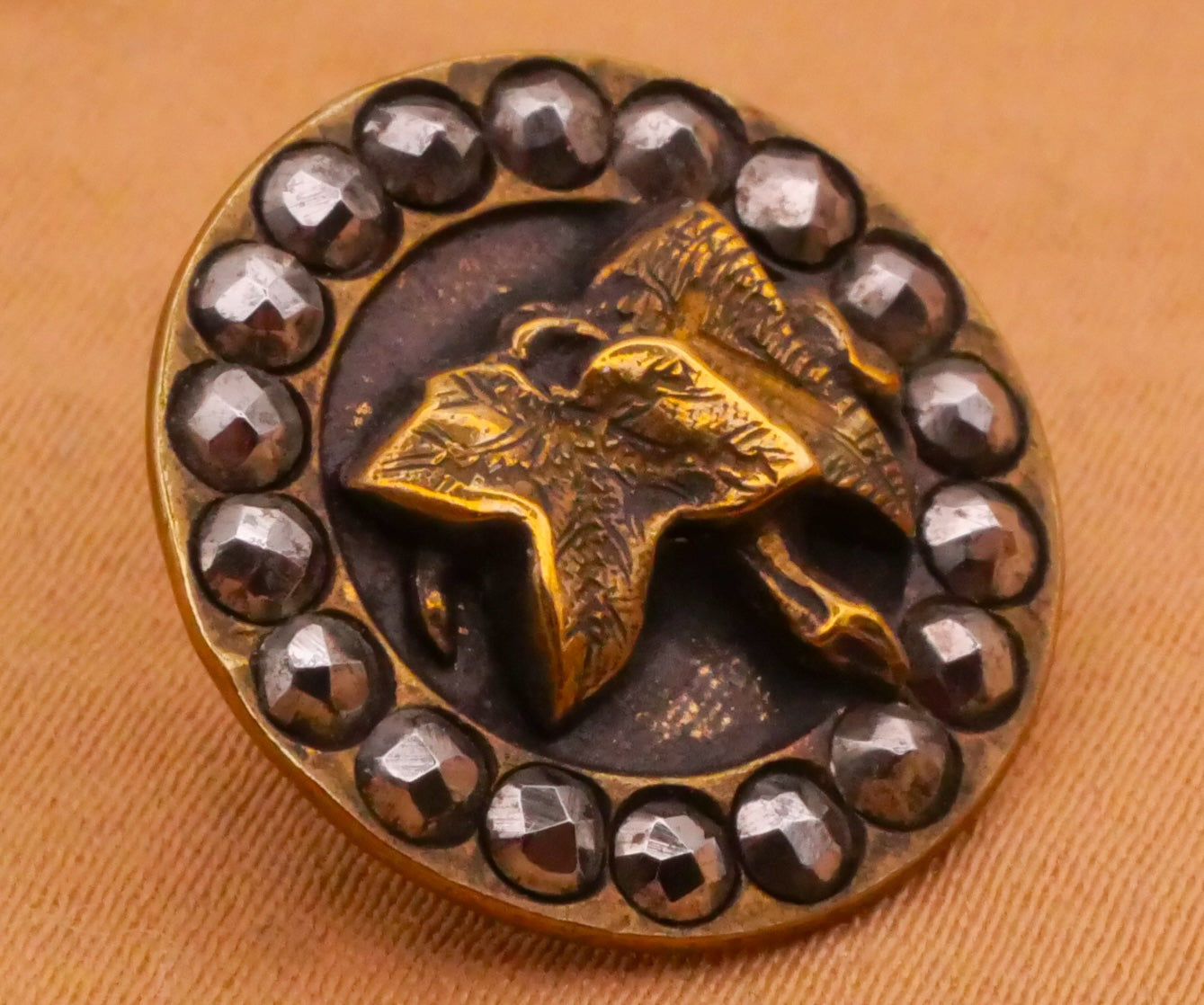Leaf Leaves Etched Brass Steel Cut Frame Victorian Metal Button 17mm