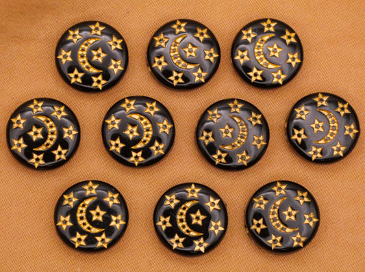 Moon Star Celestial Black Gold Plastic Set of Ten Beads Embellishments 12mm