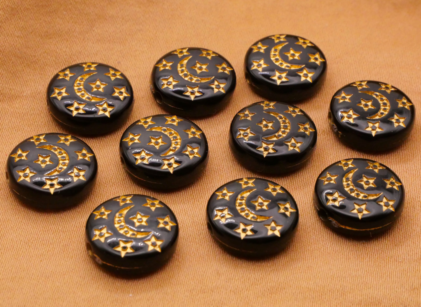 Moon Star Celestial Black Gold Plastic Set of Ten Beads Embellishments 12mm