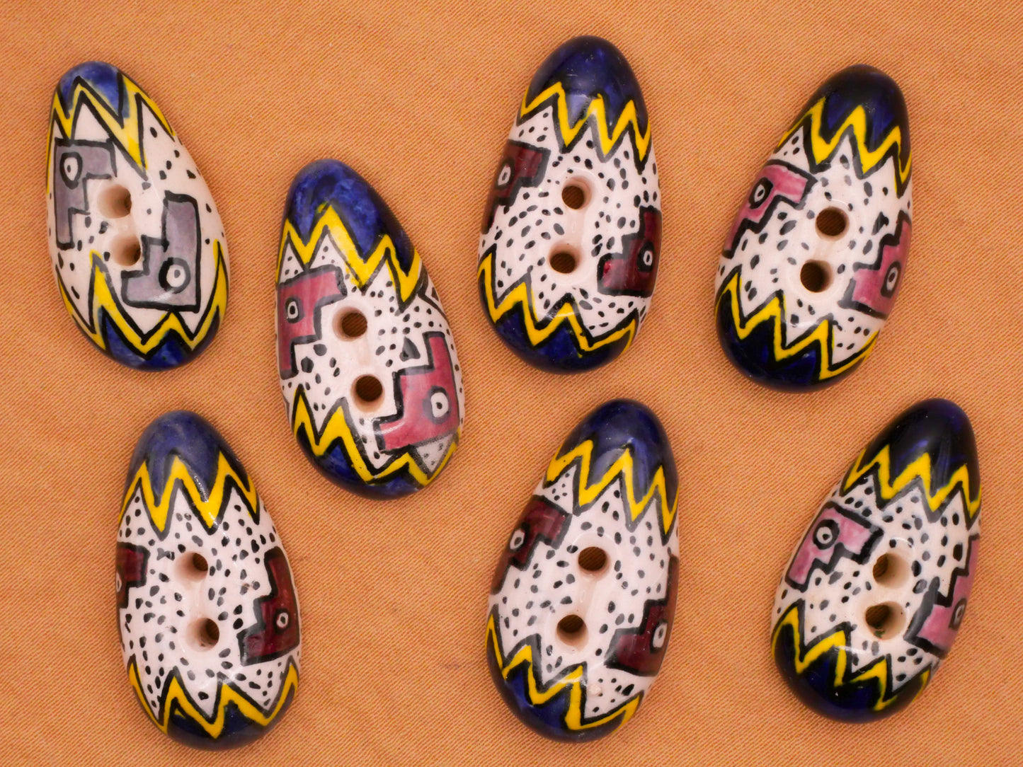 Tribal Aztec Hand-Painted Egg Shape Ceramic Button 15x27mm