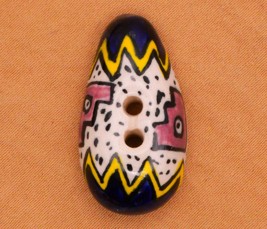 Tribal Aztec Hand-Painted Egg Shape Ceramic Button 15x27mm