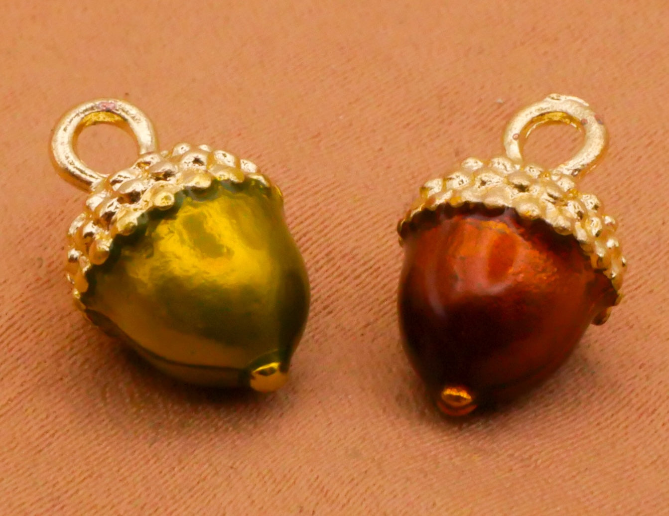 Acorn Gold Metal Enamel Pair of Charms Embellishments 8x14mm