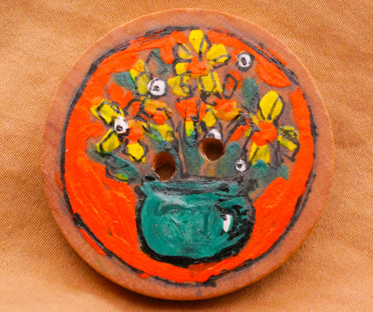 Flower Bouquet Hand-Painted Orange Teal Wood Studio Large Button 38mm