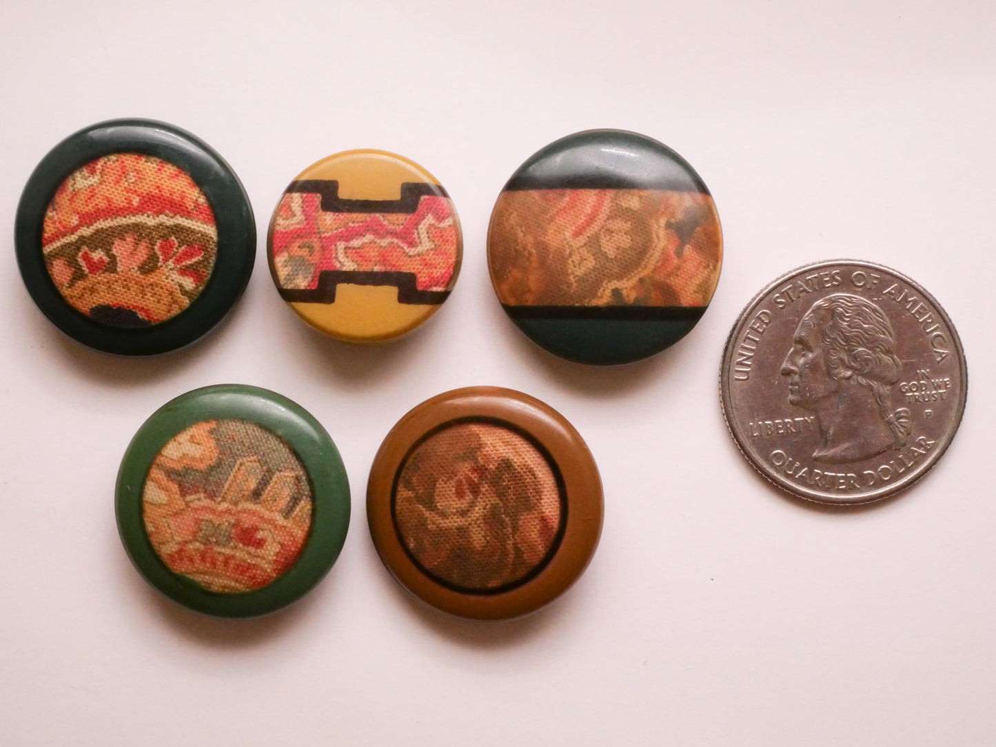 Patterned Fabric Under Celluloid Early Plastic Button Various 19-23mm