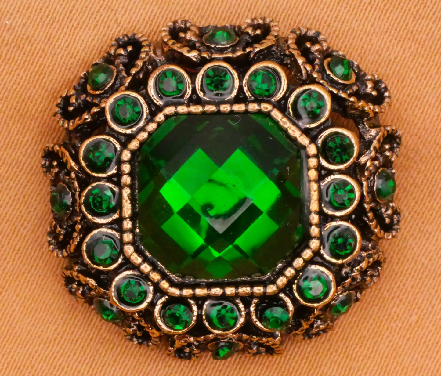 Rhinestone Green Bronze Old World Look Metal Button 22mm