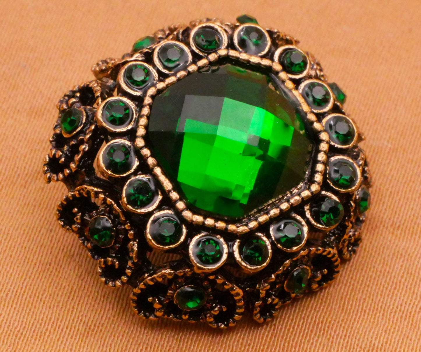 Rhinestone Green Bronze Old World Look Metal Button 22mm