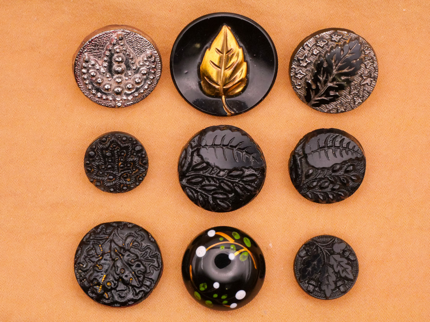 Leaf Leaves Vintage or Antique Black Glass Button Various 13-22mm