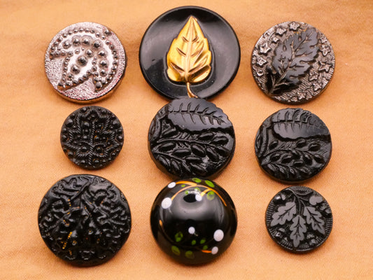 Leaf Leaves Vintage or Antique Black Glass Button Various 13-22mm