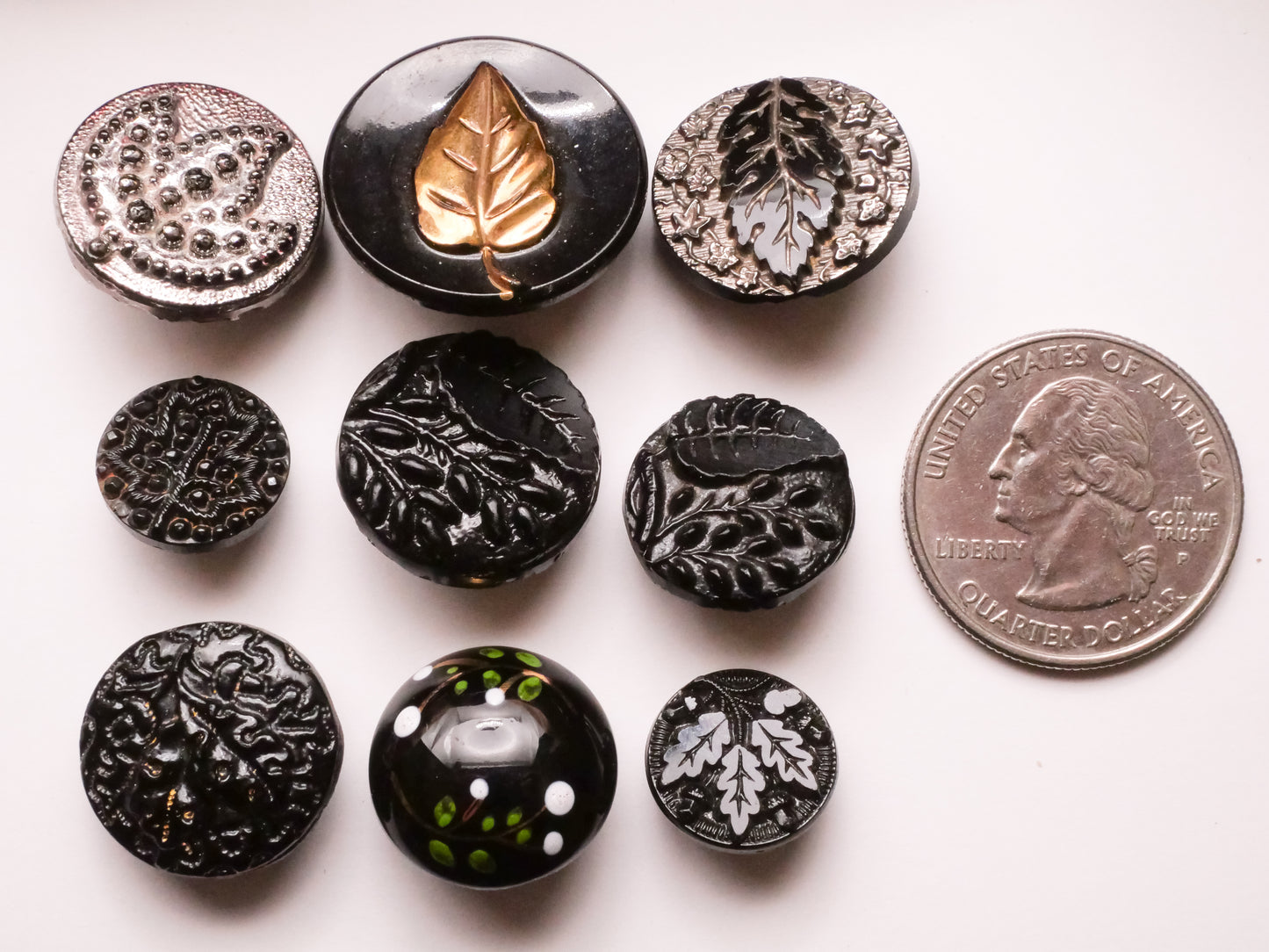 Leaf Leaves Vintage or Antique Black Glass Button Various 13-22mm