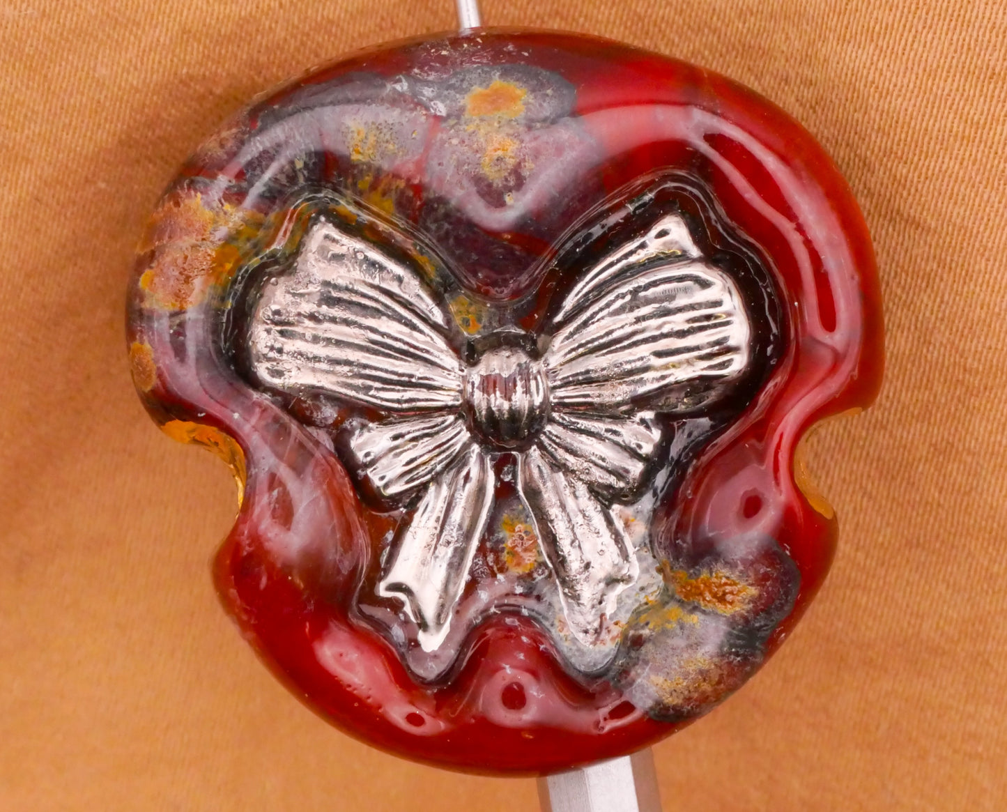 Bow Red Kathy Hoppe Lampwork Glass Studio Button 31mm