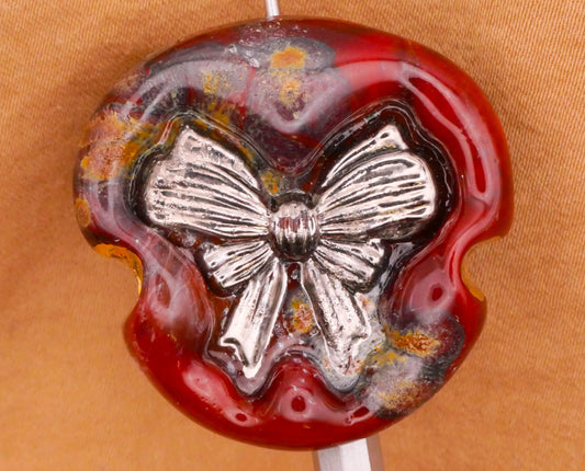 Bow Red Kathy Hoppe Lampwork Glass Studio Button 31mm