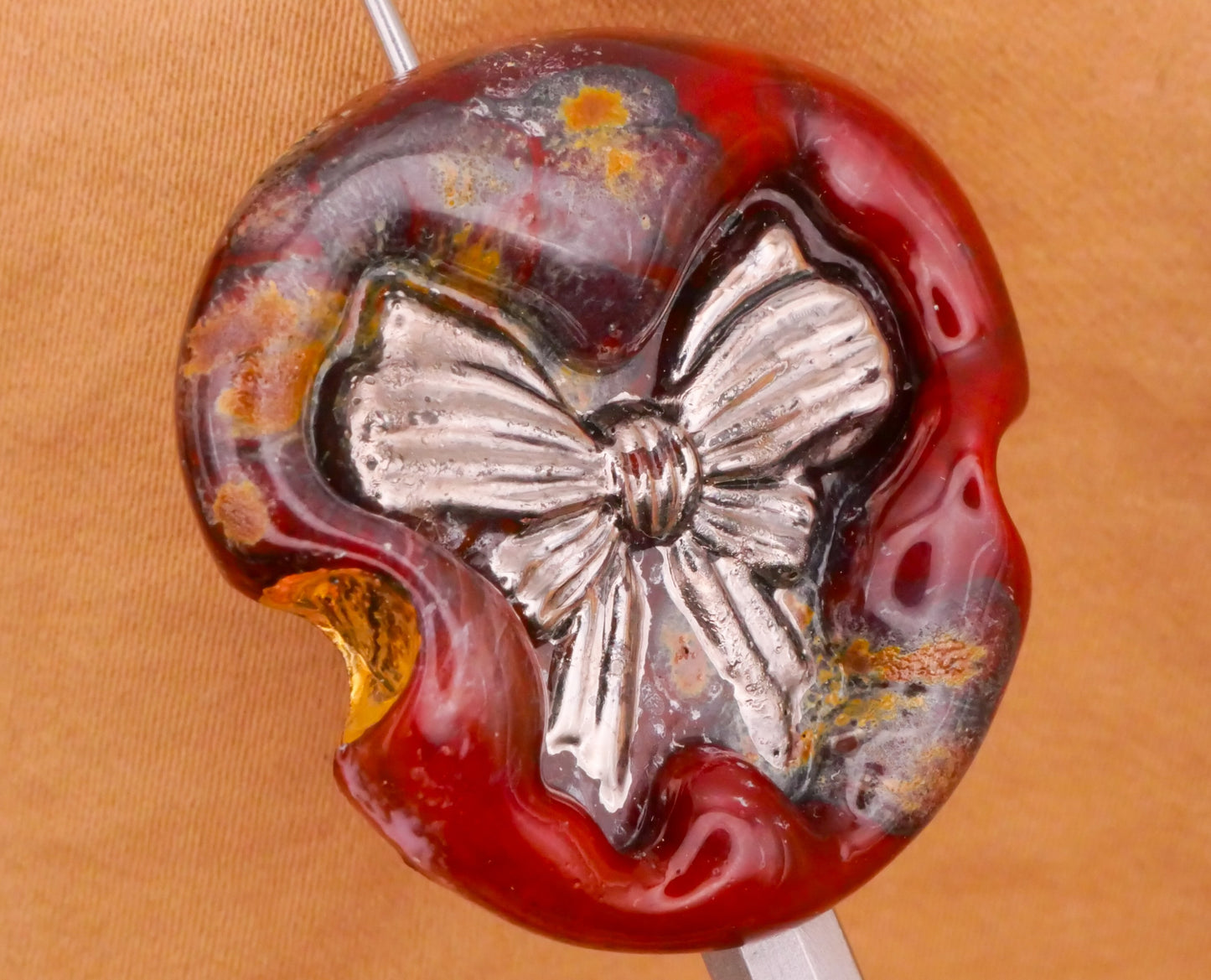 Bow Red Kathy Hoppe Lampwork Glass Studio Button 31mm