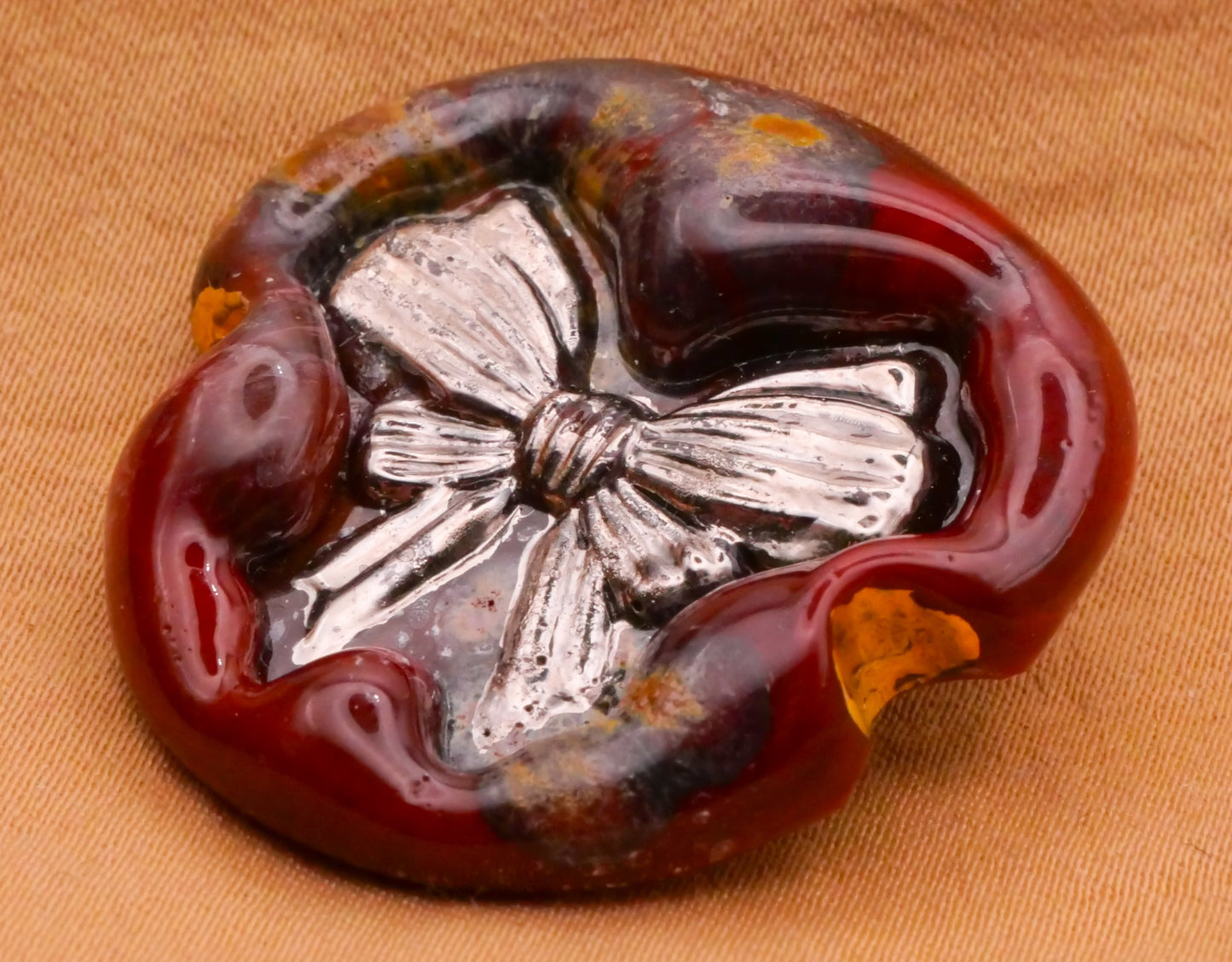 Bow Red Kathy Hoppe Lampwork Glass Studio Button 31mm