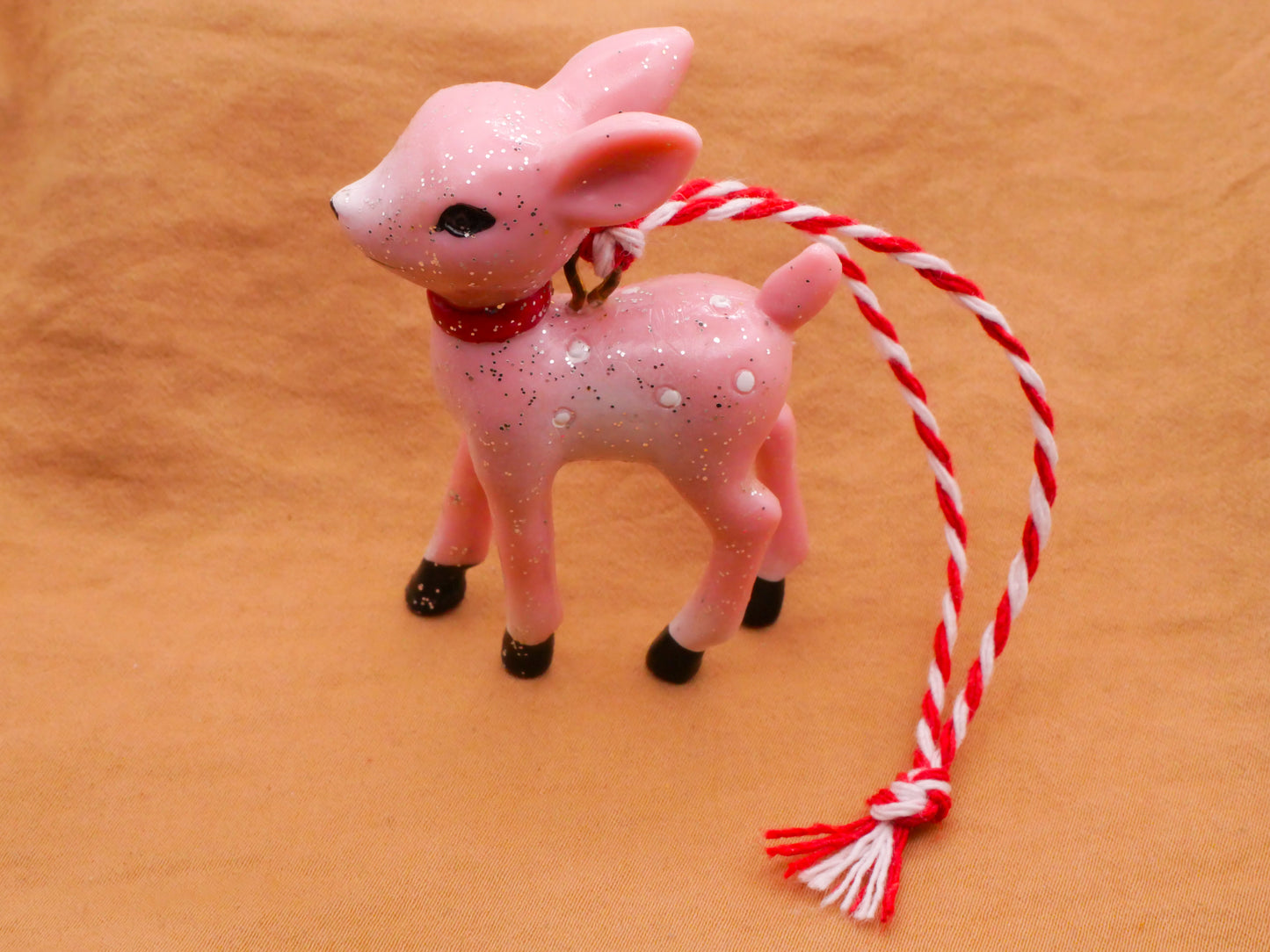 Deer Fawn Pink Plastic Vintage Look Christmas Ornament 39x59mm