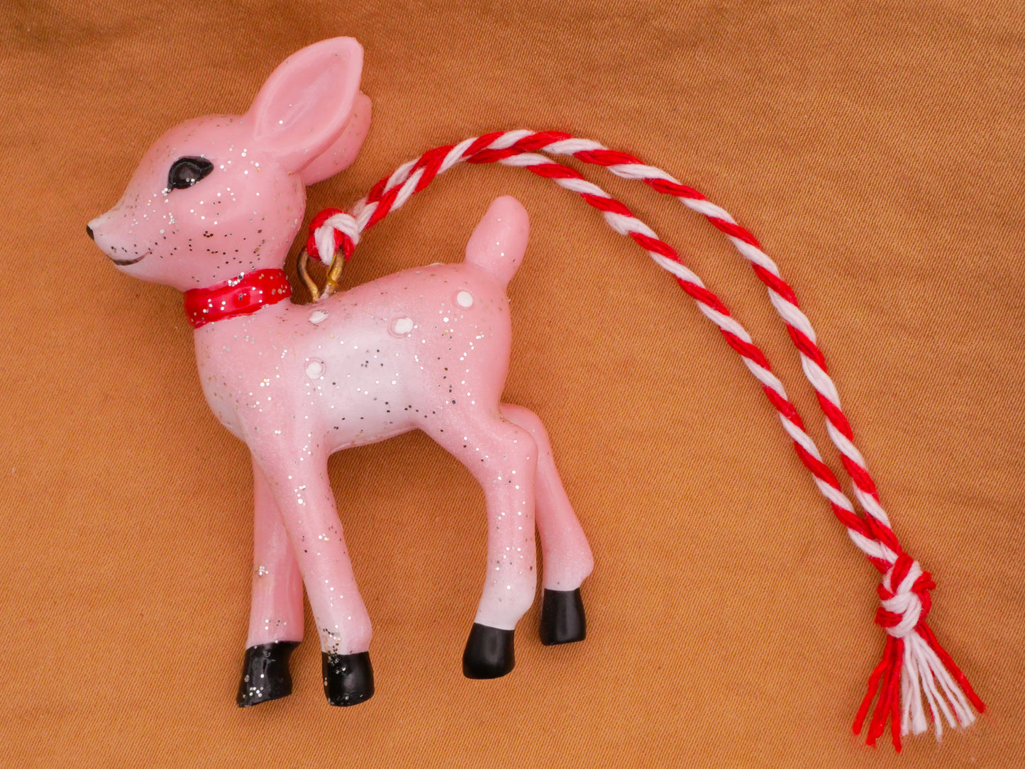 Deer Fawn Pink Plastic Vintage Look Christmas Ornament 39x59mm
