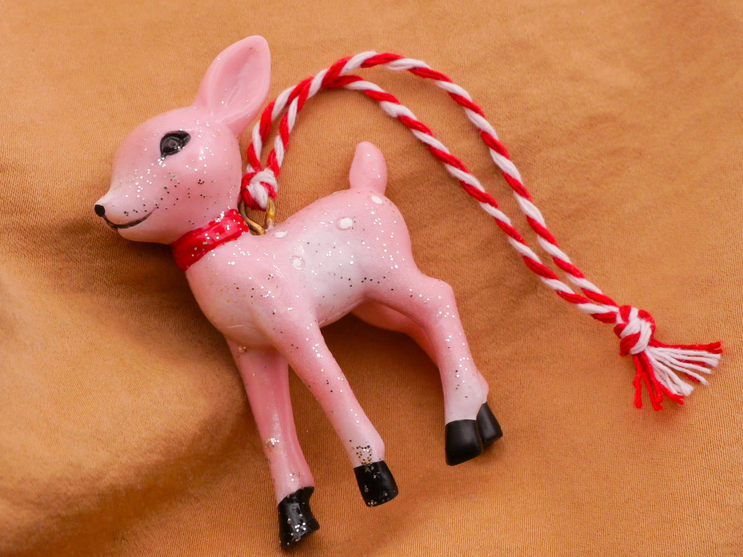 Deer Fawn Pink Plastic Vintage Look Christmas Ornament 39x59mm